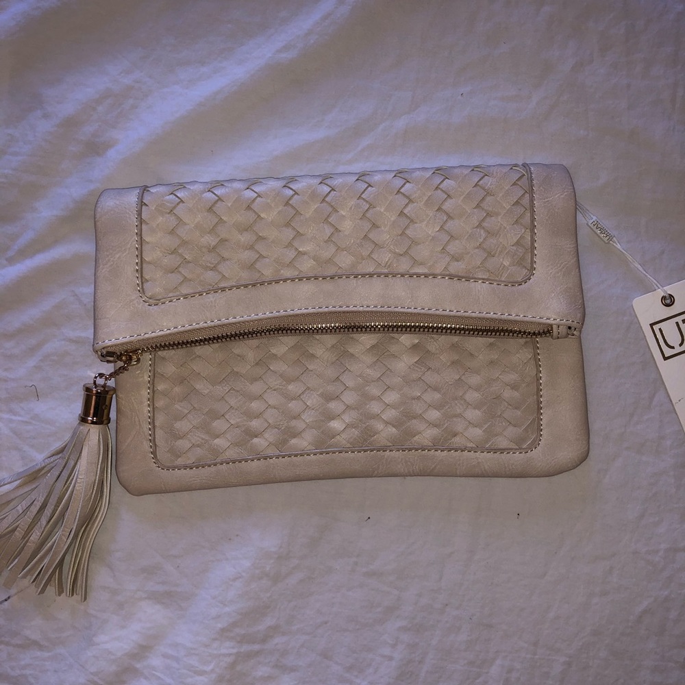 NWT Urban Expressions Woven Tassel Flap Clutch Ivory Vegan Leather